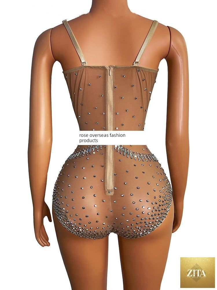 Rhinestone diamond ultra short bra collar jumpsuit with rhinestone sleeves, designed by SMinvite, LLC, shown on a model.