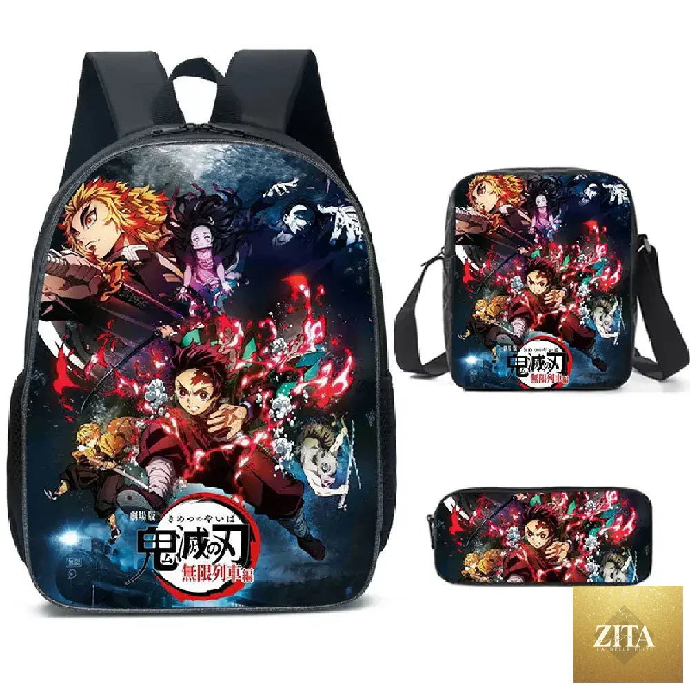 Nezuko Demon Slayer backpack from Infinite Visibility, part of a 3-piece schoolbag set, featuring detailed anime character design.