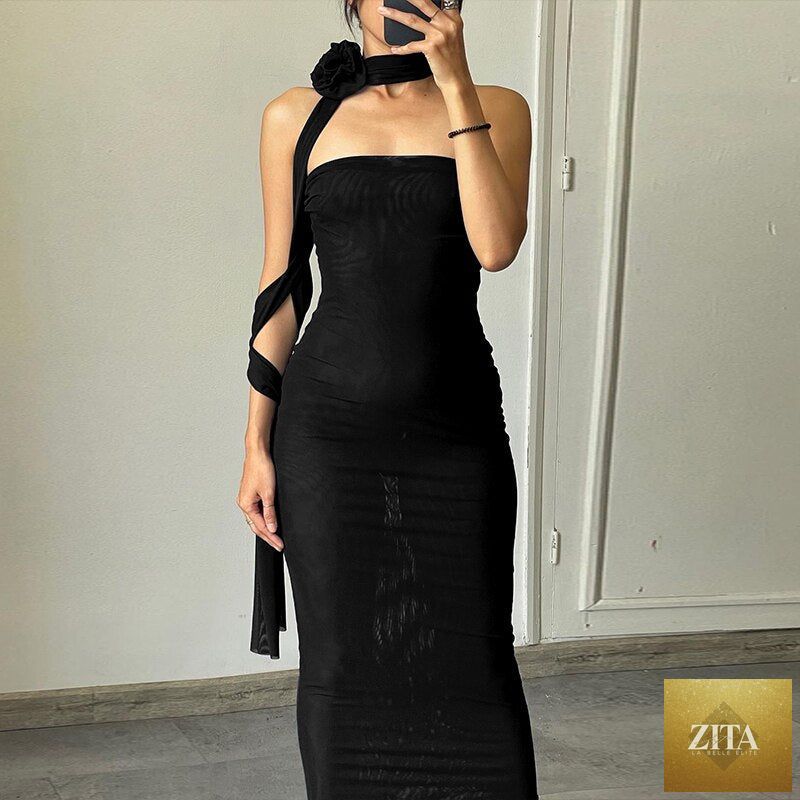 Mesh Flower Scarf Strapless Solid Elegant Sexy Bodycon Midi Prom Dress