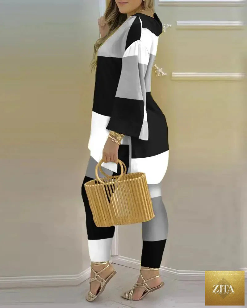 Women’s long sleeve V-neck two-piece set with printed polyester fabric, stylish and comfortable for casual wear.