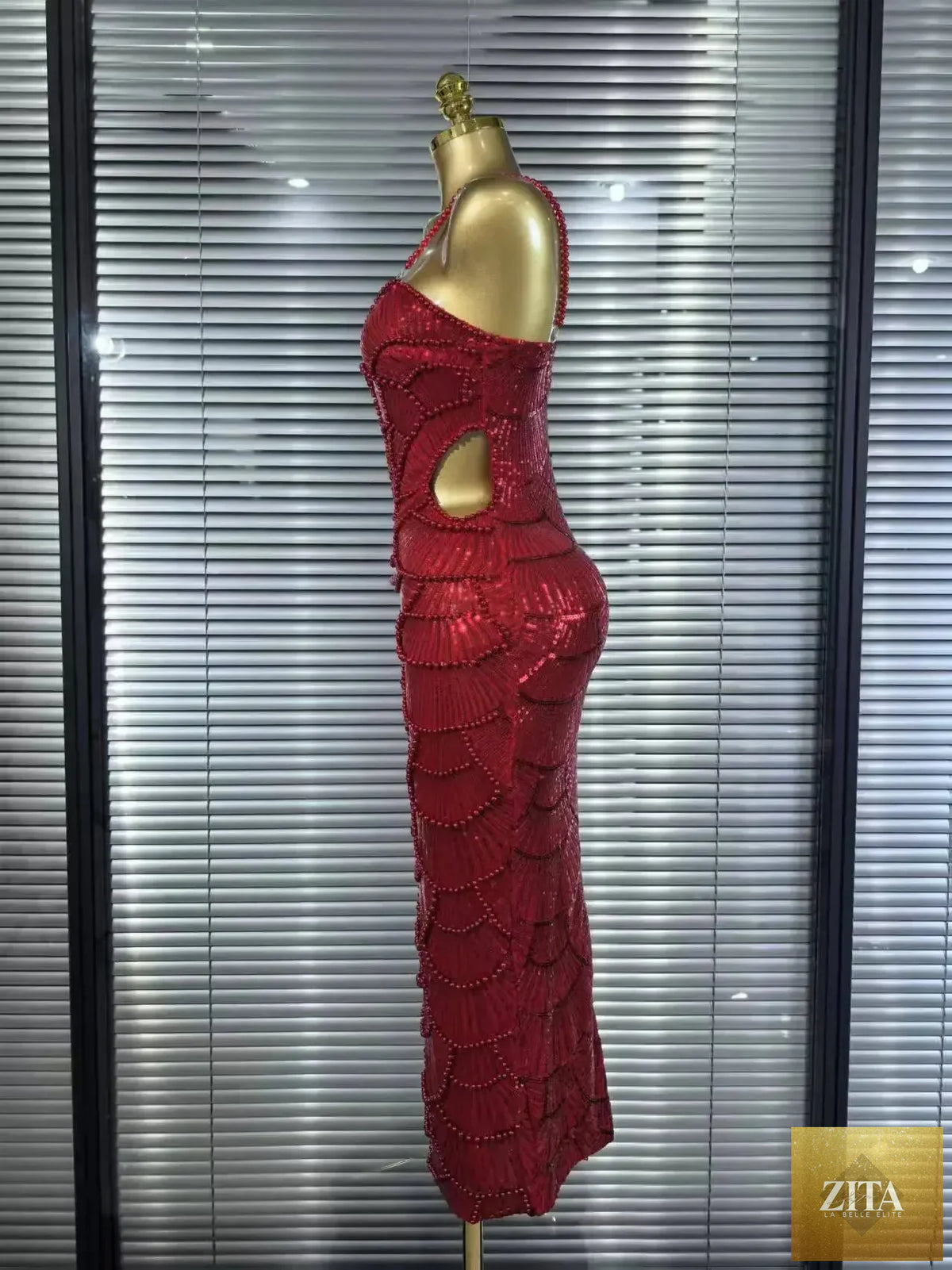 Pearl beaded sleeveless party dress by Femstylo, bodycon Christmas gown with elegant design, perfect for holiday celebrations.