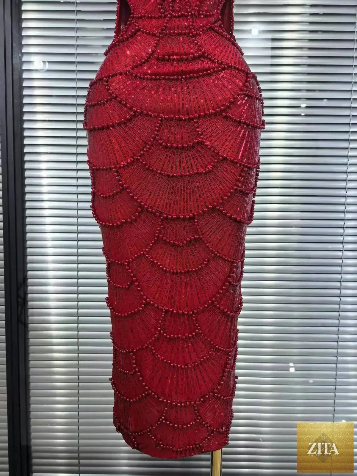 Pearl beaded sleeveless party dress by Femstylo, form-fitting bodycon Christmas gown with elegant beaded details.