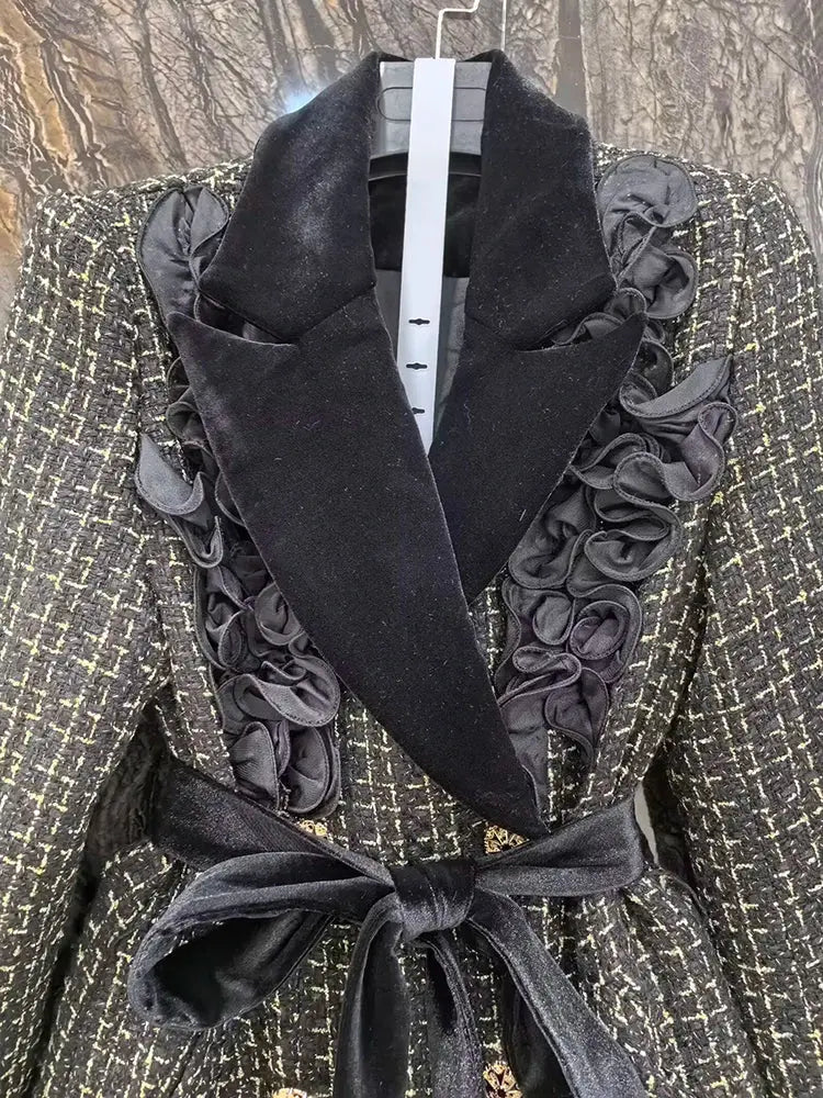 MoaaYina Winter Gray Black Coat With Grid Pattern And Double Breasted Lace Up Coat With Fungus Edge S-4XL ZITA LA BELLE ÉLITE