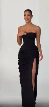 Solid pleated strapless women's dress with backless, off-shoulder design, high waist, and side slit for summer evening events.