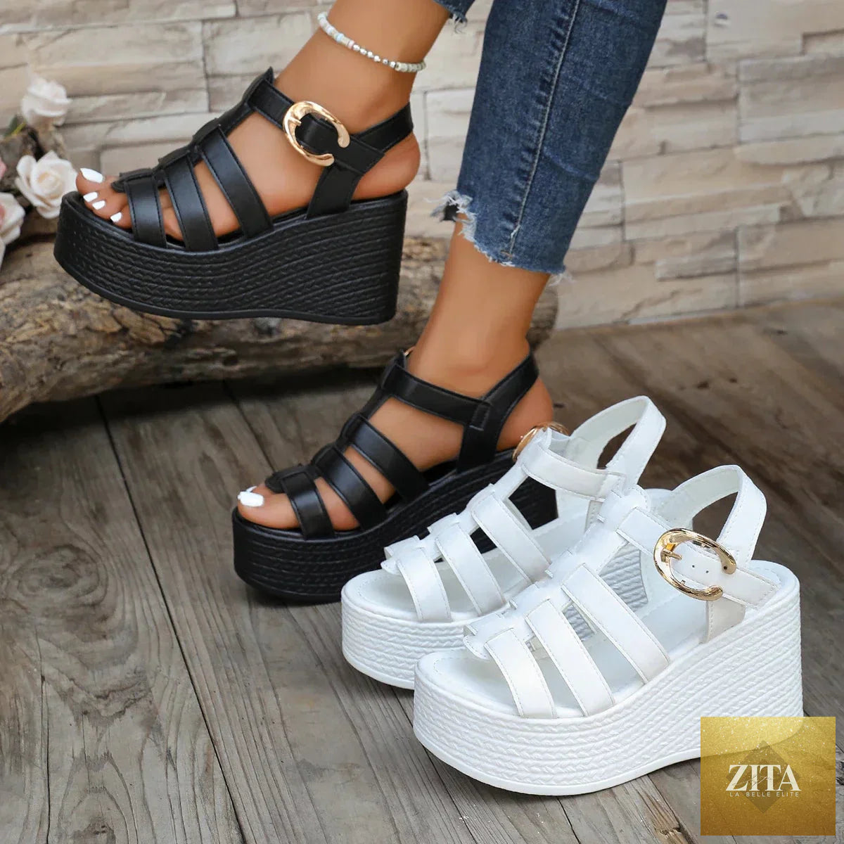 Women's retro ankle buckle wedge sandals with platform and breathable soft soles, featuring a comfortable non-slip design.