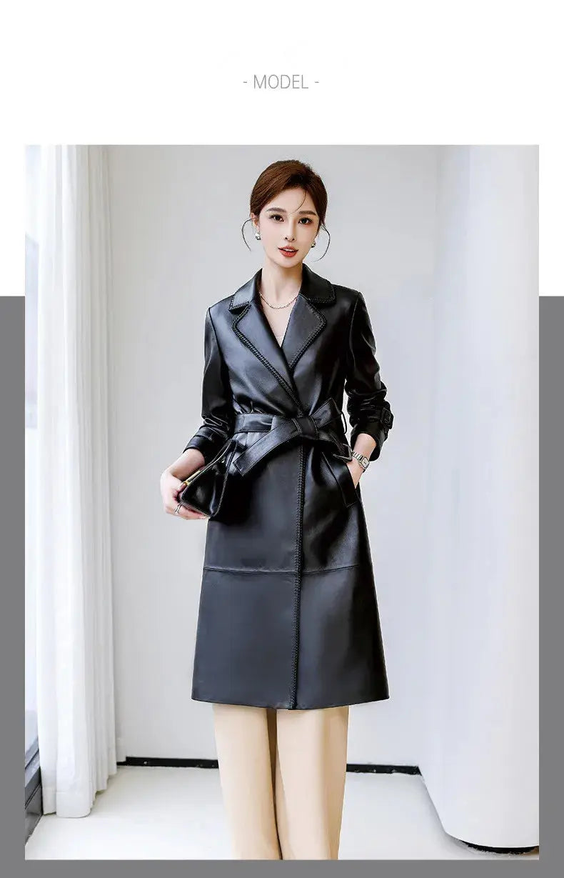 Women's Genuine Leather Trench Coat Lace-Up Long Slim Fit Spring Autumn Sheepskin Top ZITA LA BELLE ÉLITE