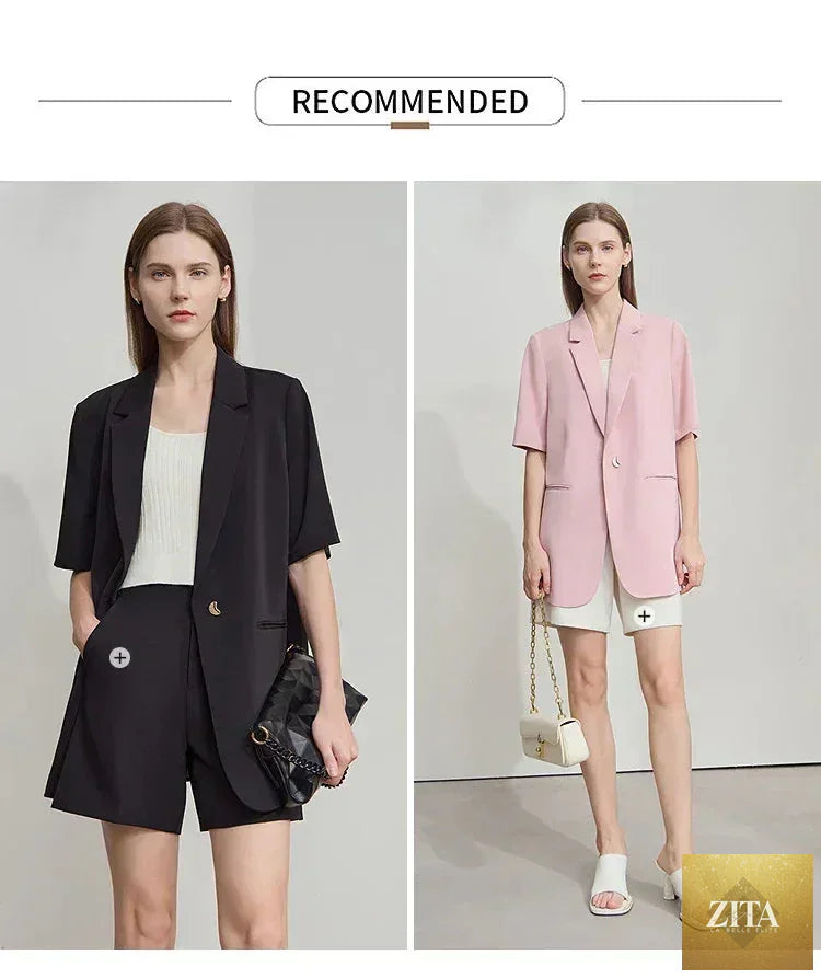 Femstylo Amii Women's Summer blazer with notched lapel, contrast patchwork, short sleeves, and single button closure.