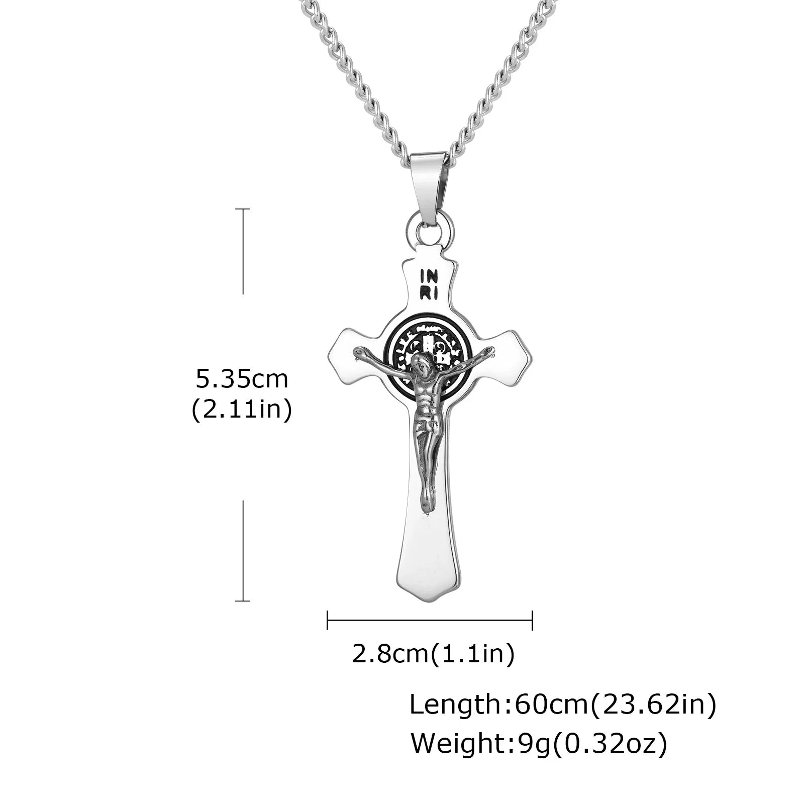 Stainless steel cross necklace with Jesus pendant in gold color, featuring faith-inspired jewelry for men and women.