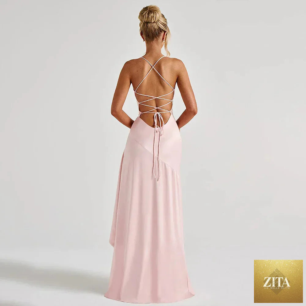 Elegant satin long skirt dress with suspenders, ruffle details, and high slit, perfect for women’s evening wear by Trendy Attic.