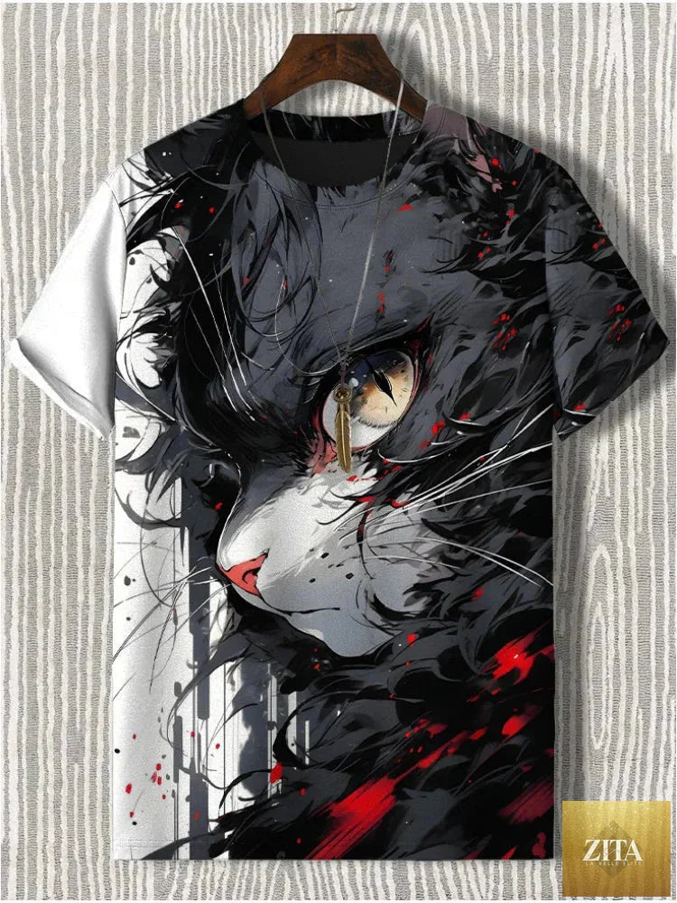Samurai Cat graphic T-shirt by Zita La Belle Elite featuring Japanese style 3D print on men's streetwear tee.