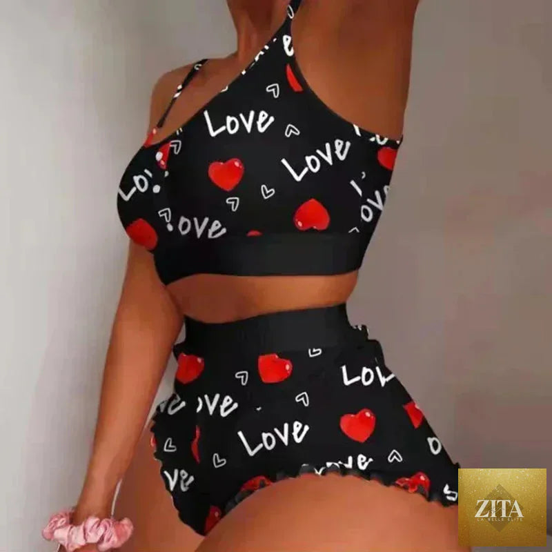 Summer 2-Piece Pajama Set Women Sleepwear Sexy Lingerie Love Printed Lace Sling Crop Tops and Shorts Loungewear Pijamas