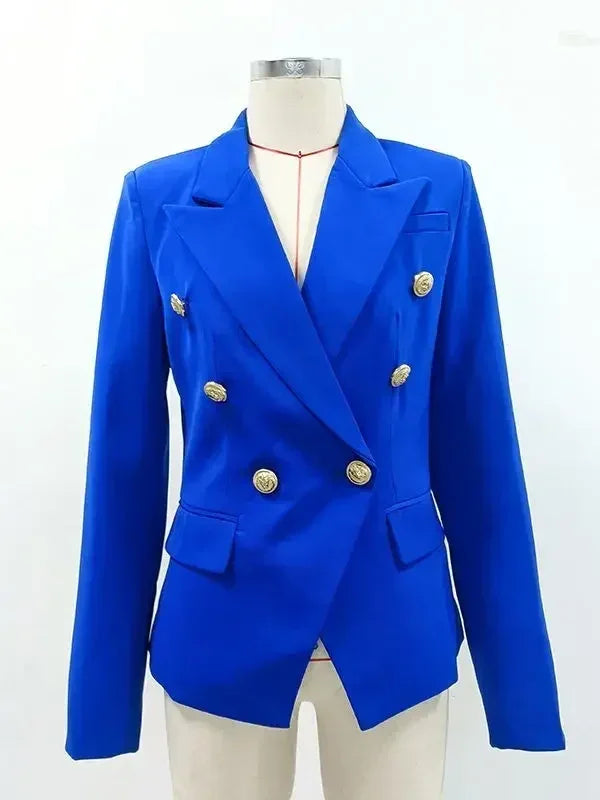 Femstylo women's leather blazer jacket with double-breasted design and metal lion buttons, available in size S to 5XL.