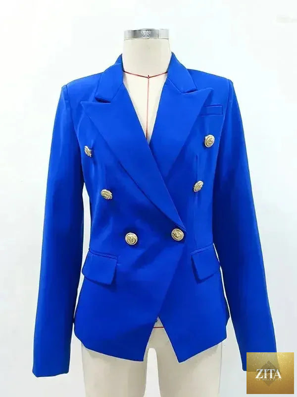Femstylo women's leather blazer jacket with double-breasted design and metal lion buttons, available in size S to 5XL.