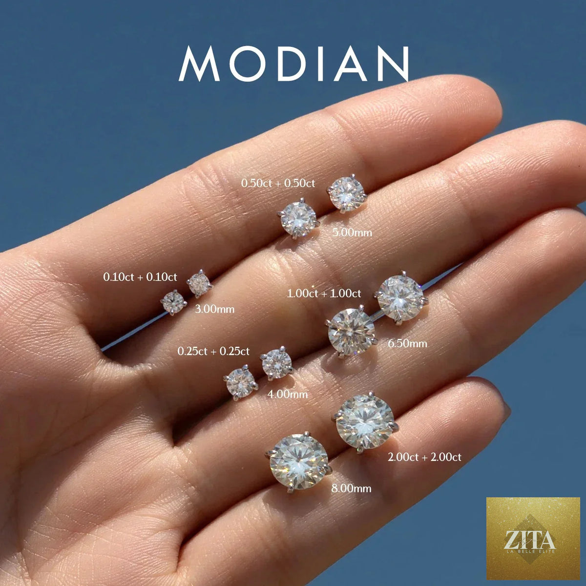 Sterling silver moissanite stud earrings in five sizes with D color sparkle, luxury jewelry for women and weddings.