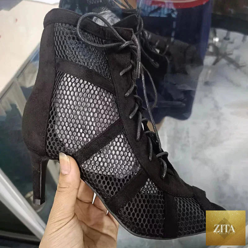 Black lace-up women’s open-toe dancing sandals with ankle strap, thin heels, and hollow out design for stylish comfort.