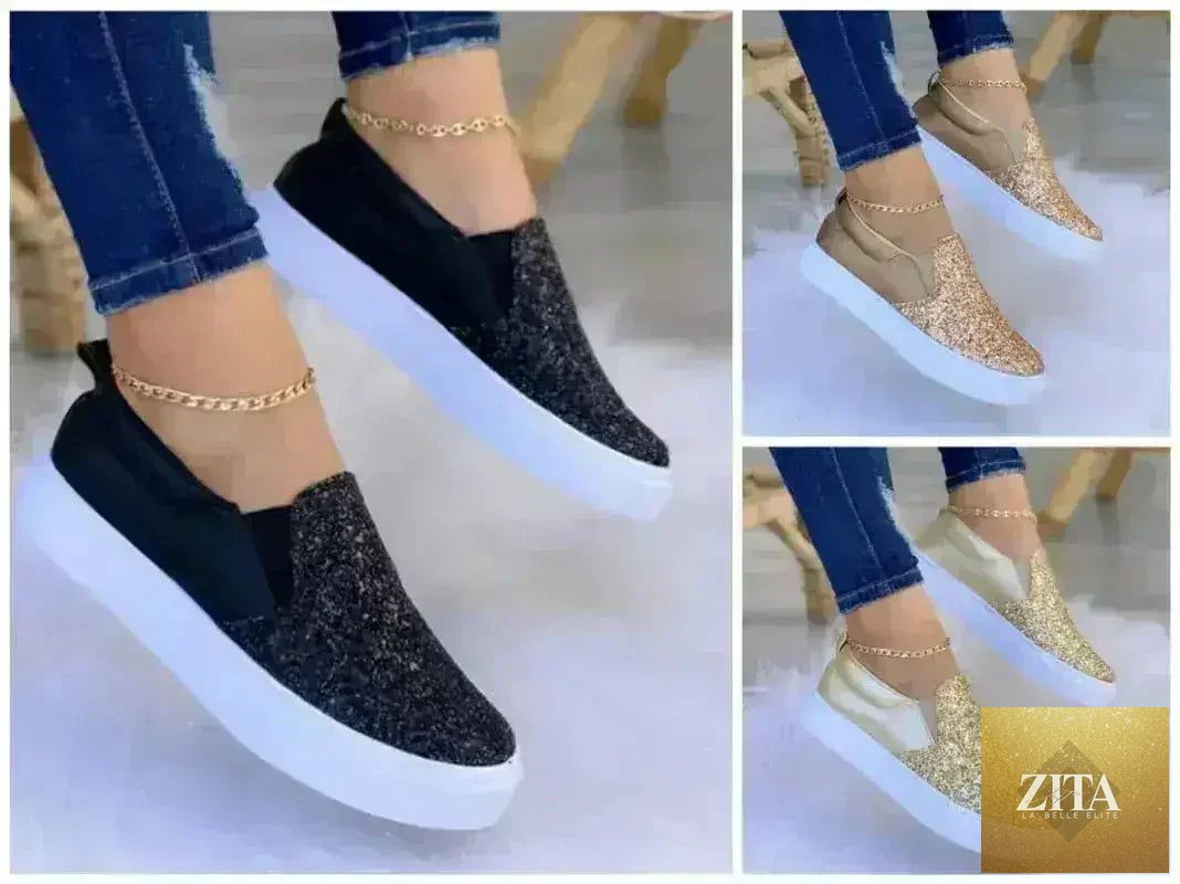 Femstylo glitter moccasin loafers for women in rose gold, black, and gold styles, featuring a stylish and shiny finish.