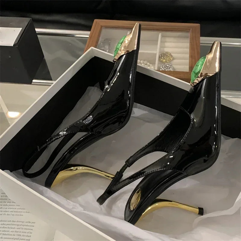 Elegant LadyShow.Store metal square head diamond pumps featuring low-heel design and banquet slingbacks, perfect for street style and formal wear.