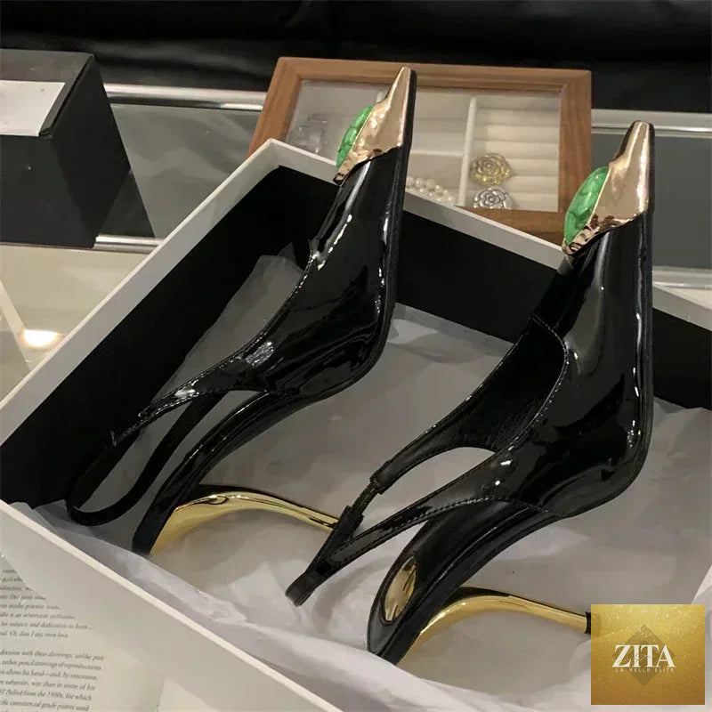 Elegant woman pumps sandals with metal square head design, low heel, and slingback style, perfect for street fashion and banquets.
