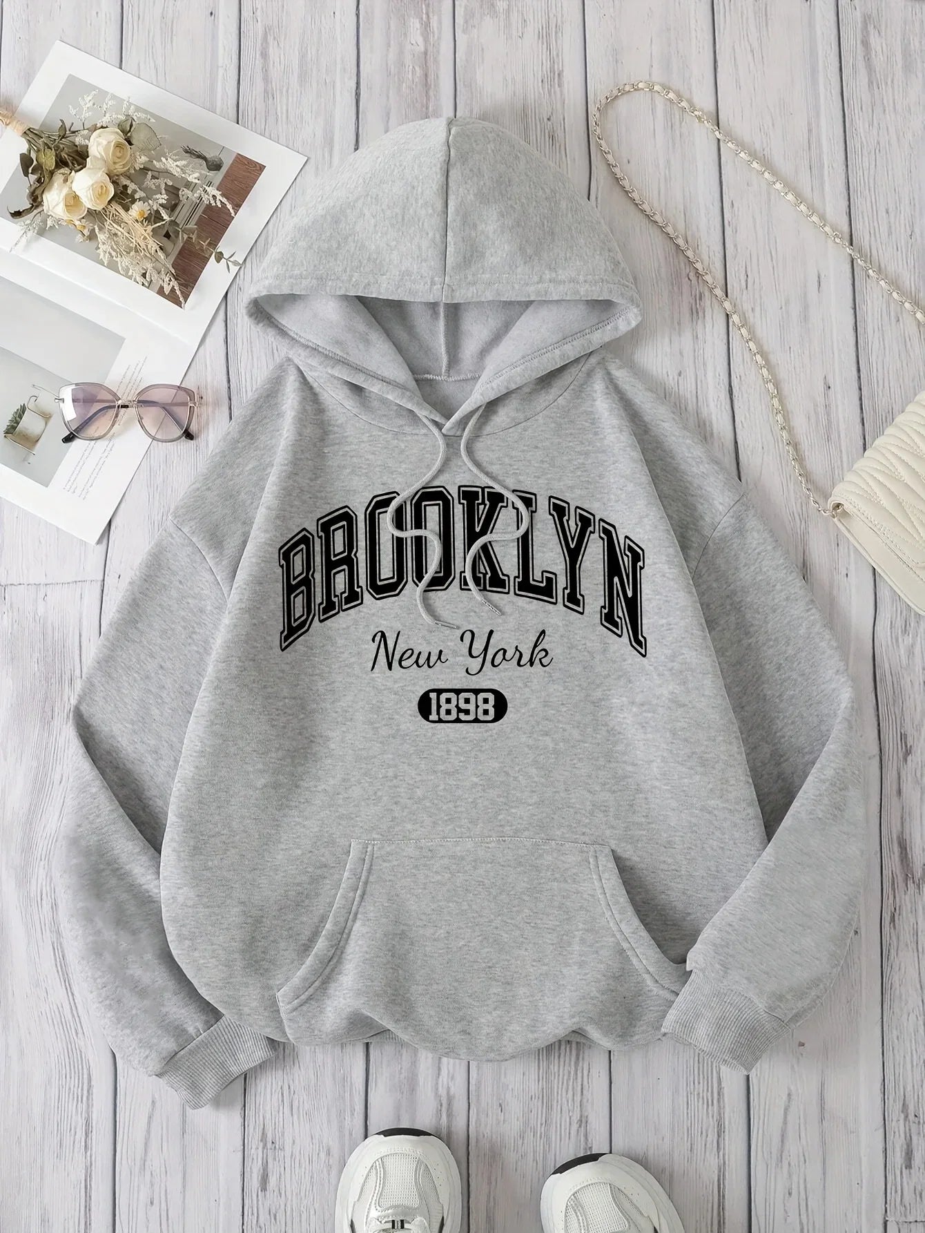 LadyShow Brooklyn New York 1898 hoodie sweatshirt with alphabet pattern, casual polyester hooded pullover with drawstring.