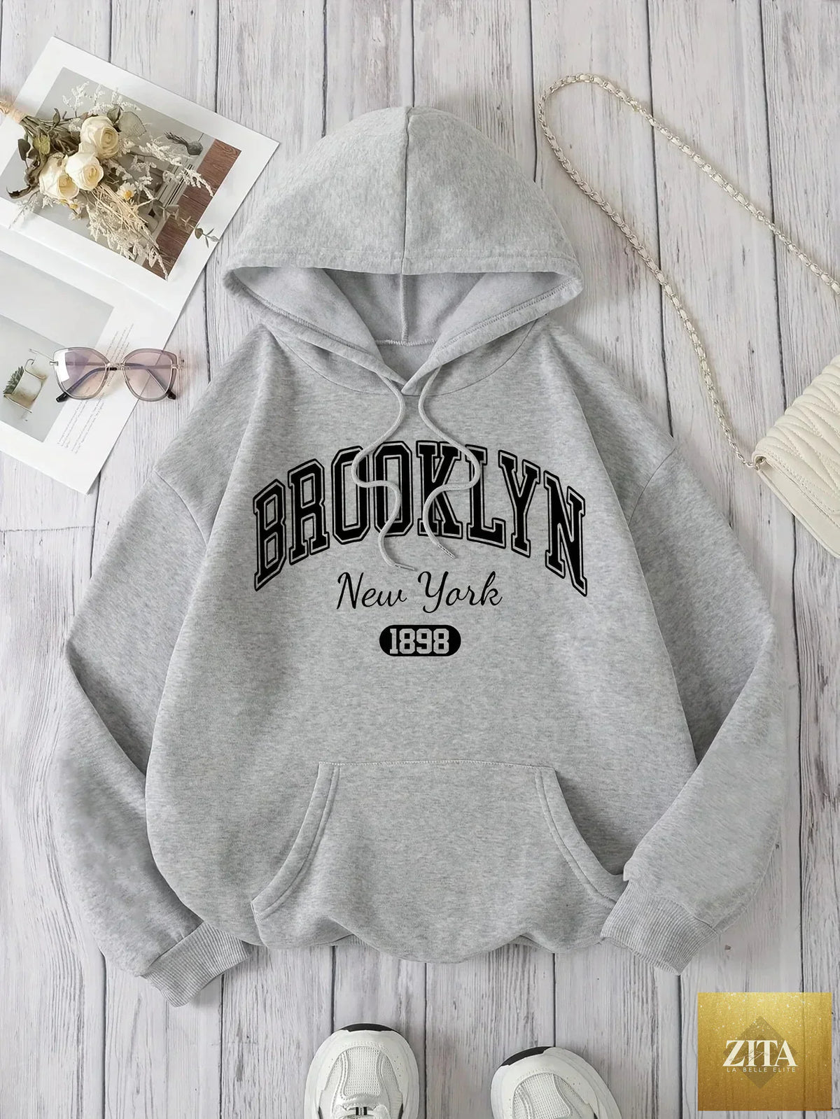 LadyShow.Store Brooklyn New York 1898 hoodie sweatshirt with alphabet pattern, casual polyester hooded pullover with drawstrings.