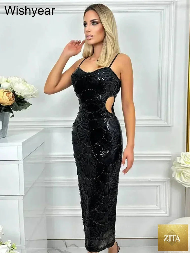 Elegant black sequin hollow-out backless mermaid evening dress for women by Femstylo, featuring spaghetti straps and bodycon fit.