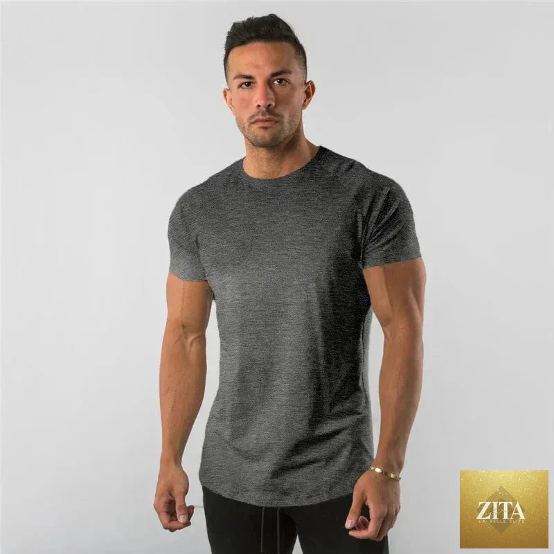 Men's casual T-shirt by MANDOTOS featuring short sleeves, slim fit, suitable for gym, fitness, and streetwear styles.