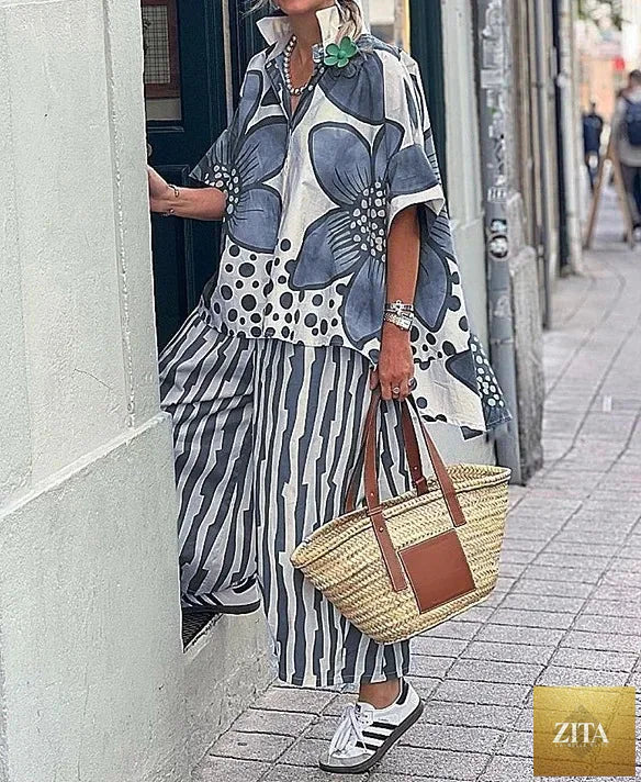 2 Piece Sets Women Summer Print Loungewear Long Pants Sets Vintage