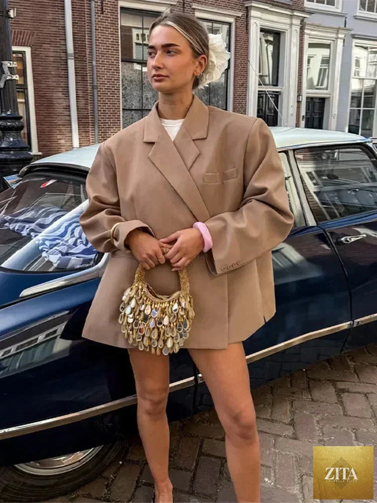 Women's Femstylo V-neck side-buttoned suit jacket with long sleeves, solid color, oversized fit, and pocket cuffs, high street style.