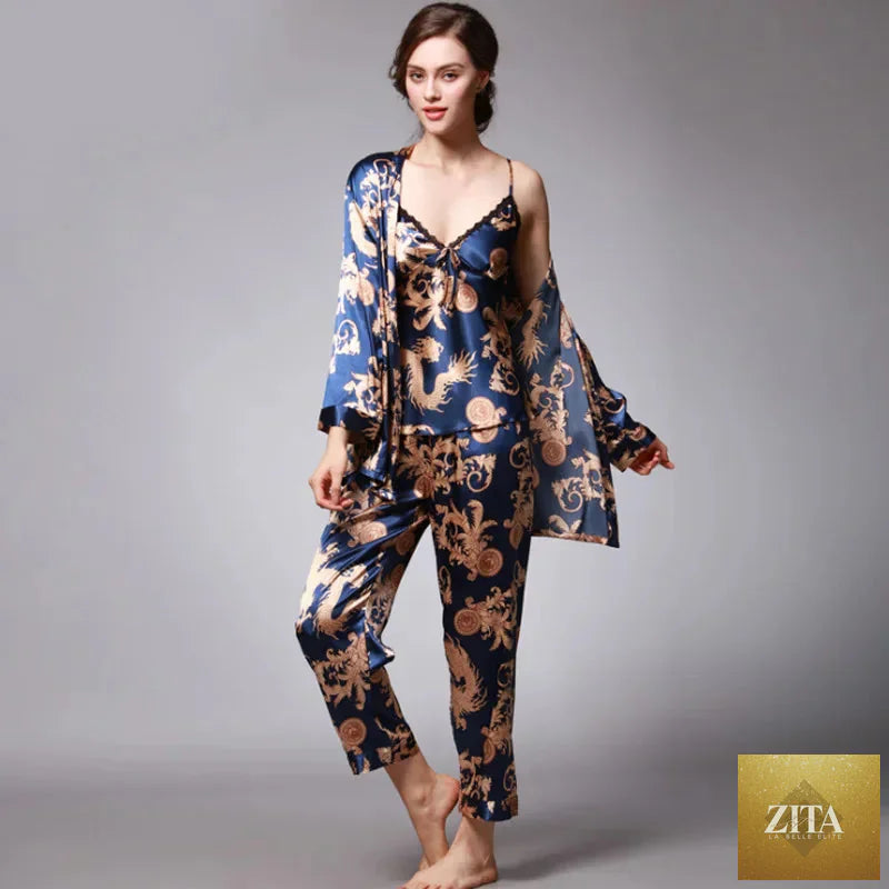 Women's silk satin pajamas set with floral pattern, includes three-piece sleepwear set by SMinvite, LLC.