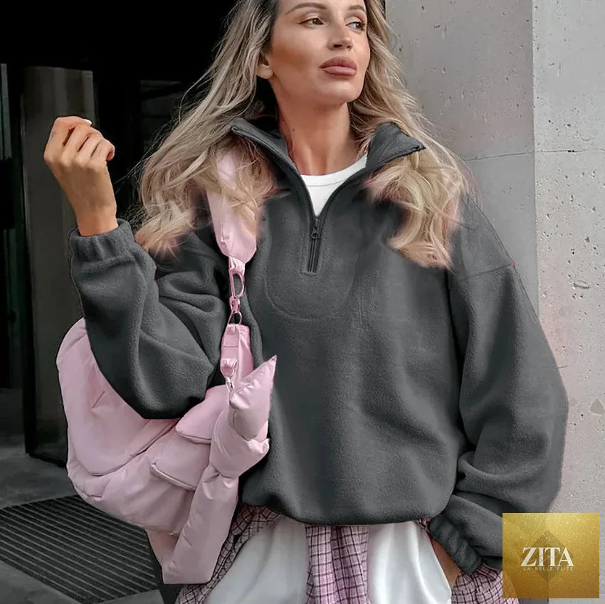 Women’s autumn winter fleece hoodie by LadyShow.Store featuring a stand collar, zipper, loose fit, solid color, casual streetwear style