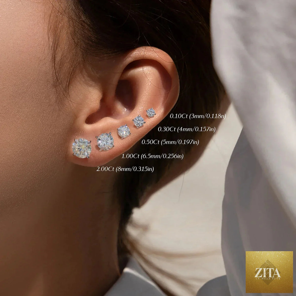 Sterling silver MODIAN moissanite stud earrings in five sizes, sparkling luxury jewelry for women, wedding or everyday wear.