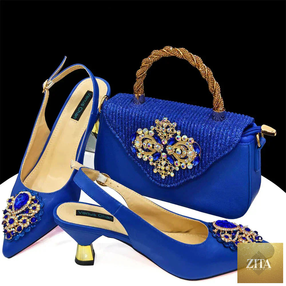 Elegant women's crystal pointed high heels shoe and bag set by EdleessFashion, featuring luxurious style and sparkling crystal details.