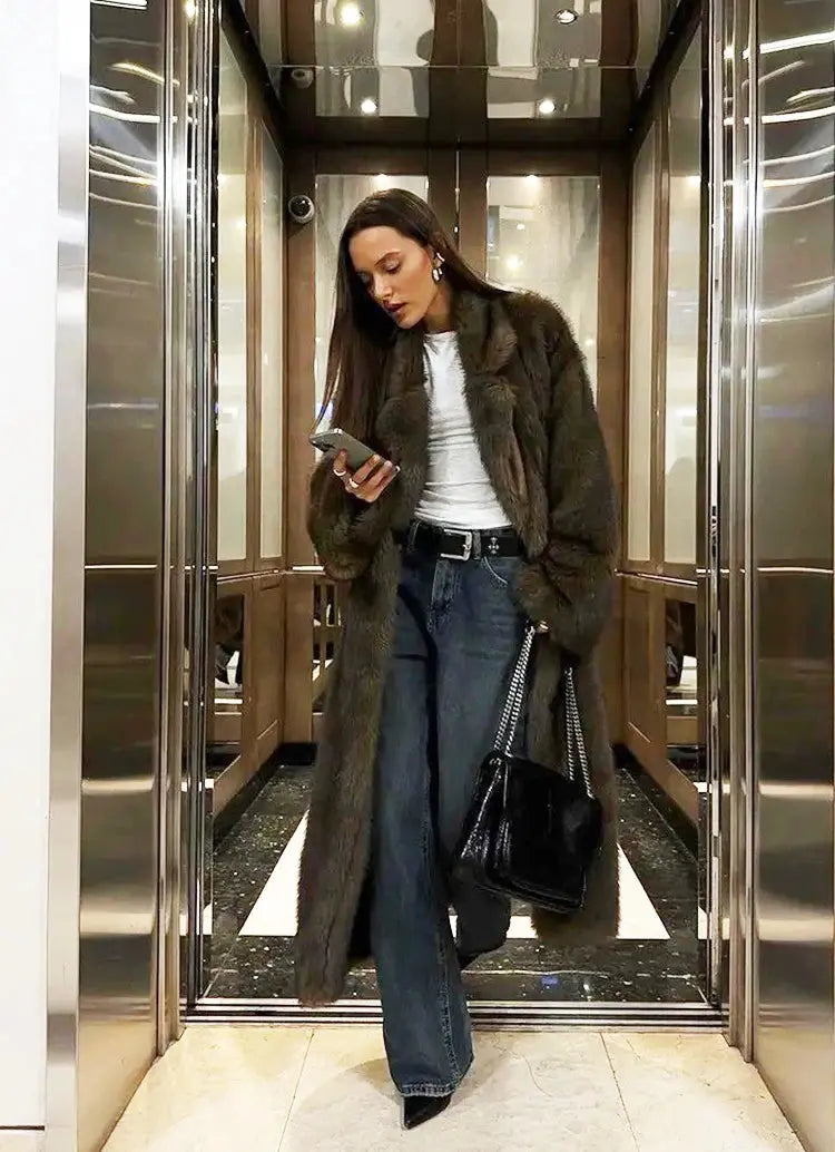 ZADORIN 120cm Super Long Luxury Winter Brown Faux Fur Coat Woman Elegant Belted Lapel Thick Fluffy Fur Jacket High Quality Coats ZITA LA BELLE ÉLITE