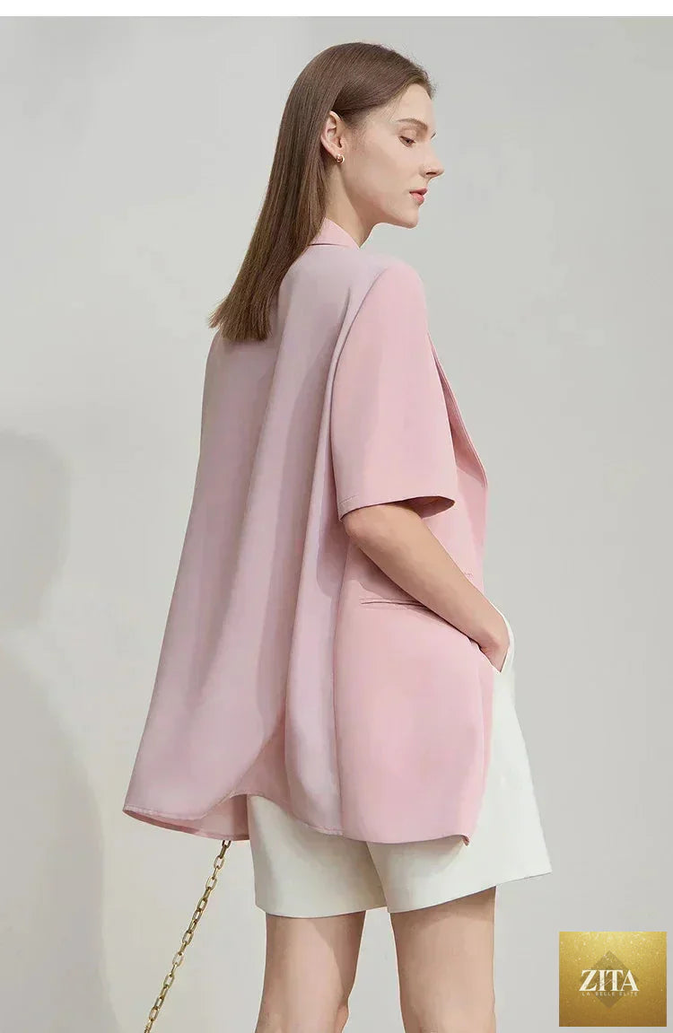 Femstylo Amii Women's minimalist summer blazer with notched lapel, contrast patchwork, one-button short sleeves, stylish and modern.
