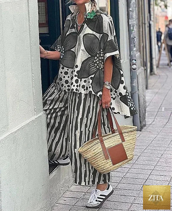 2 Piece Sets Women Summer Print Loungewear Long Pants Sets Vintage