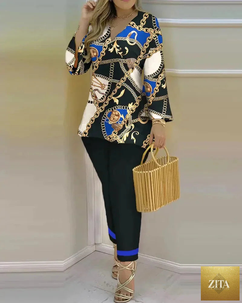 Women’s long sleeve V-neck two-piece set in polyester with printed design, stylish and comfortable for casual wear.