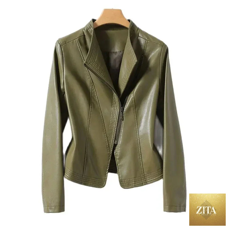 Women’s sheepskin short jacket with inclined zipper, slim fit, casual style for autumn and winter by SMinvite, LLC.
