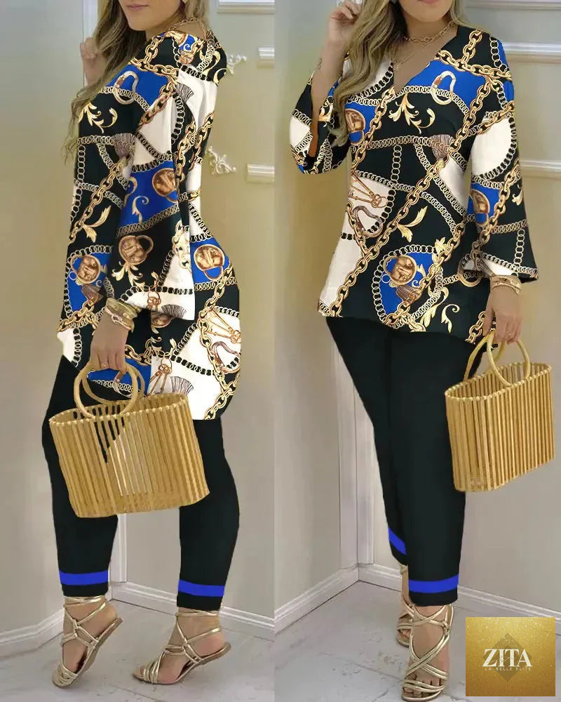 Women’s long sleeve V-neck polyester two-piece set featuring printed design, stylish and comfortable for casual wear.