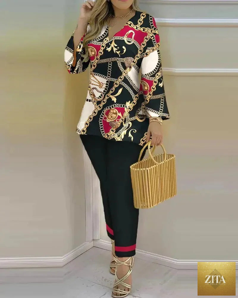 Women’s long sleeve V-neck two-piece set in polyester with printed design, stylish and comfortable for casual wear.