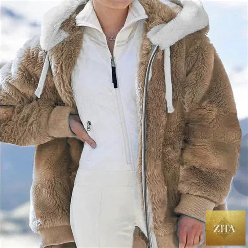 Women’s winter faux fur jacket by LadyShow.Store featuring a plush hood, zipper closure, and soft fleece cashmere for warmth.