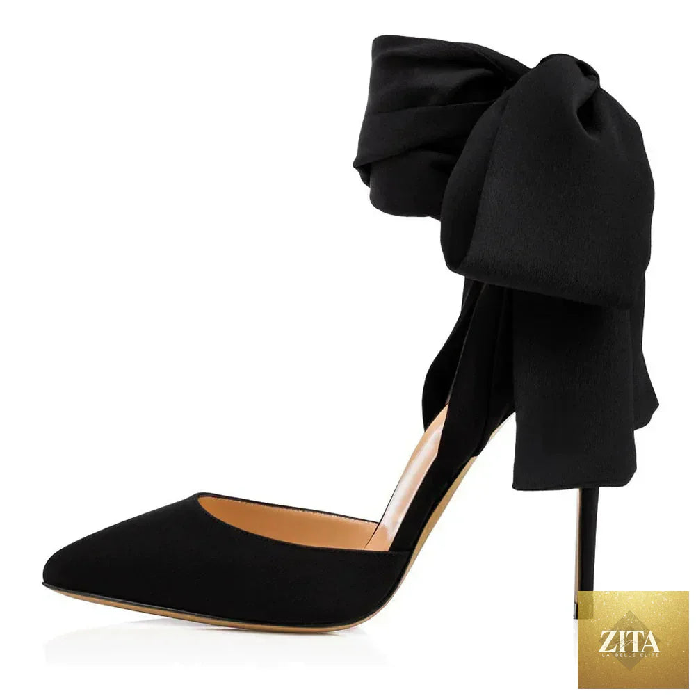 Summer satin bow cross-band open-toe women sandals with thin high heels, stylish and sexy footwear by SMinvite, LLC.