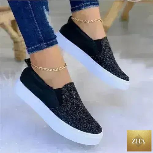 Femstylo glitter moccasin loafers for women in rose gold, black, and gold with a shiny, textured finish, casual sneaker style.