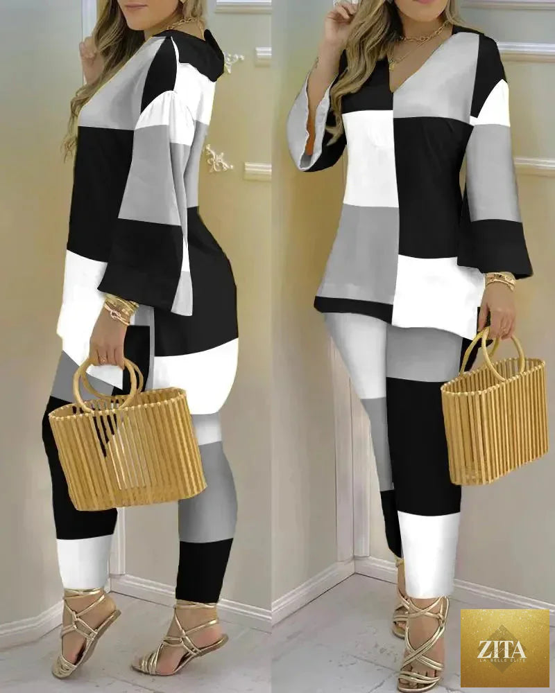 Women’s long sleeve V-neck two-piece set with printed polyester fabric, stylish and comfortable for casual wear.