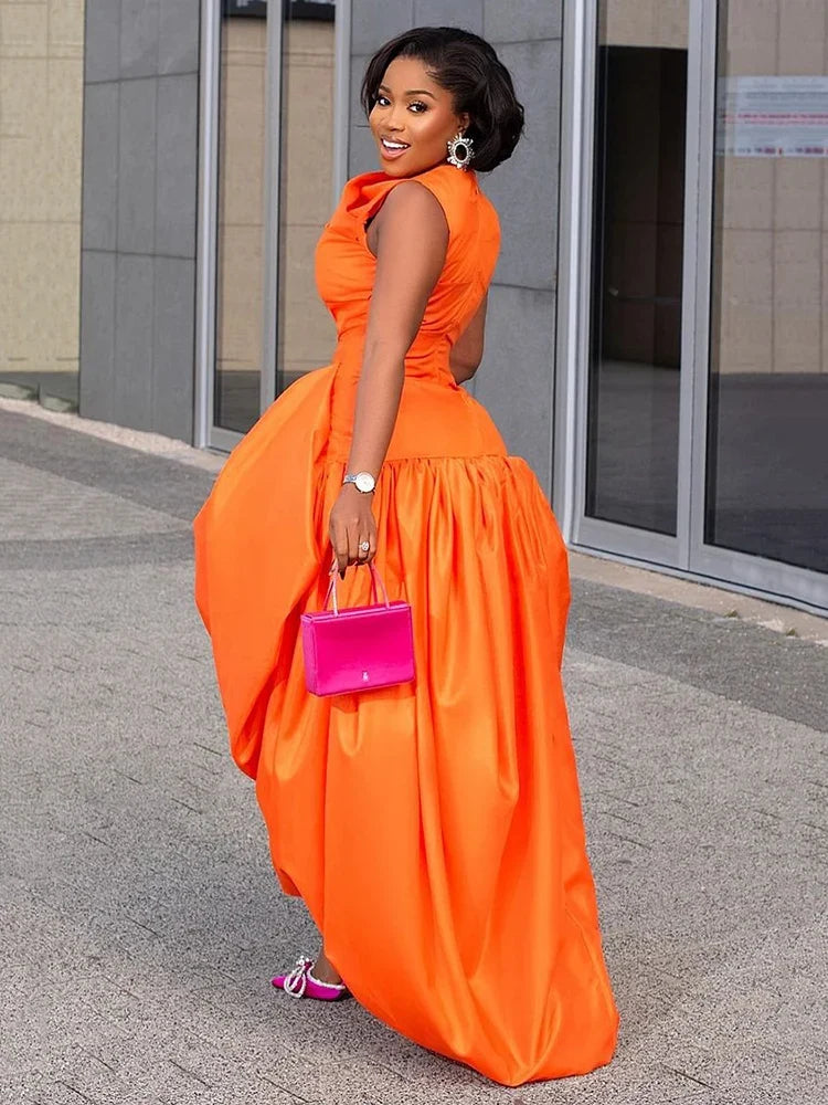 Women's elegant orange cinch waist cocktail maxi dress by FLIPSTYLEZLLC, sleeveless high waist design, perfect for dinner and party events.