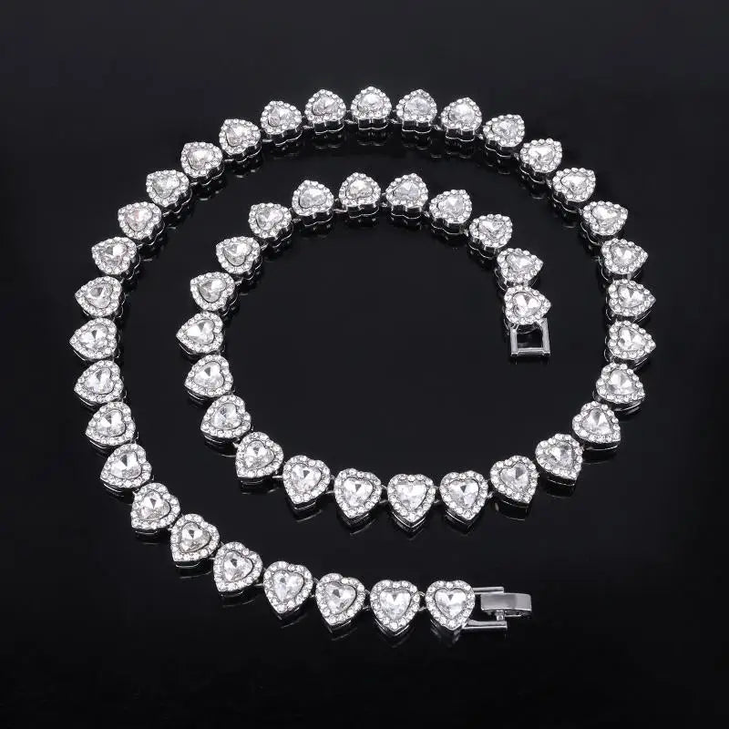 Shiny 45cm hip hop tennis chain bracelet and necklace with heart rhinestones and CZ accents, stylish party jewelry by FLIPSTYLEZLLC