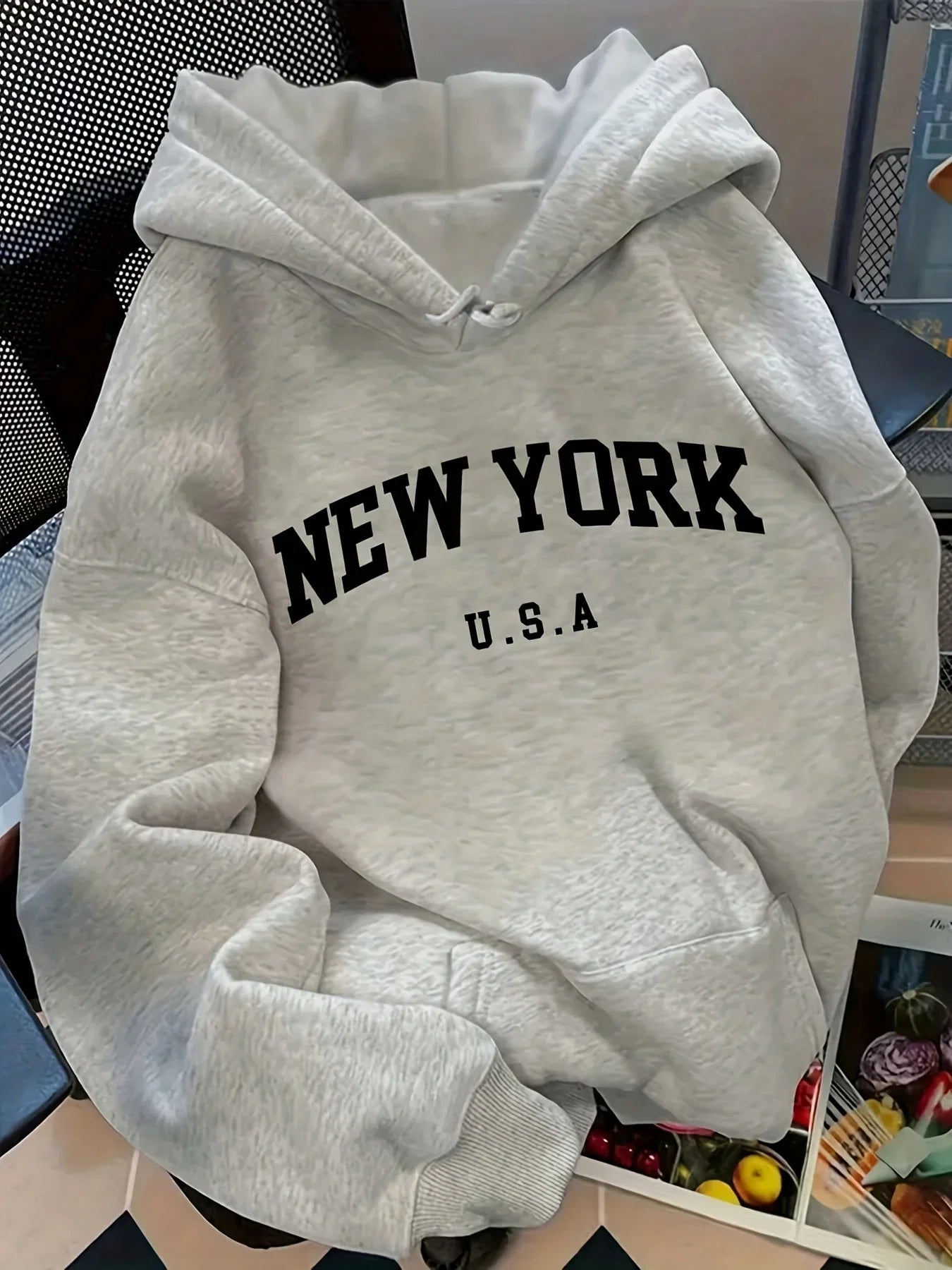 Relaxed fit women's hoodie with New York USA lettering, casual pullover sweatshirt, unisex fashion by LadyShow.Store.