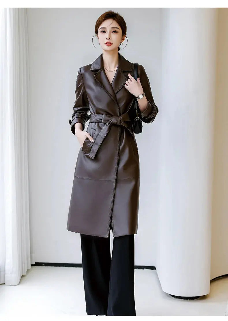 Women's Genuine Leather Trench Coat Lace-Up Long Slim Fit Spring Autumn Sheepskin Top ZITA LA BELLE ÉLITE