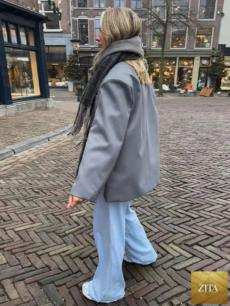Femstylo women's V-neck long sleeve suit jacket with side buttons, solid color, oversized fit, pocket cuffs, high street style.
