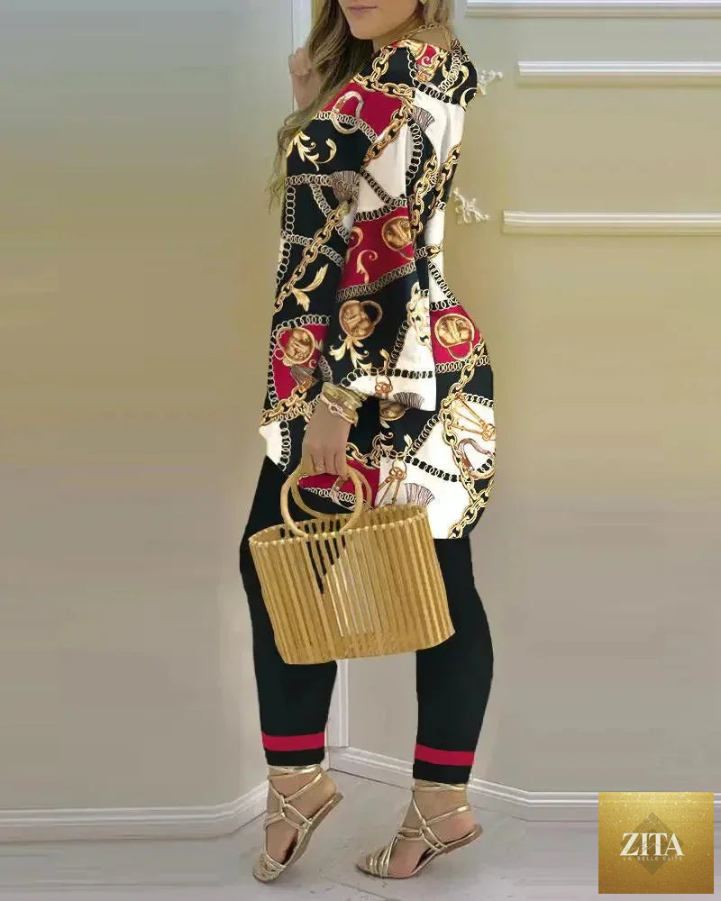Women’s long sleeve V-neck two-piece set with printed polyester fabric, stylish and comfortable for casual wear.