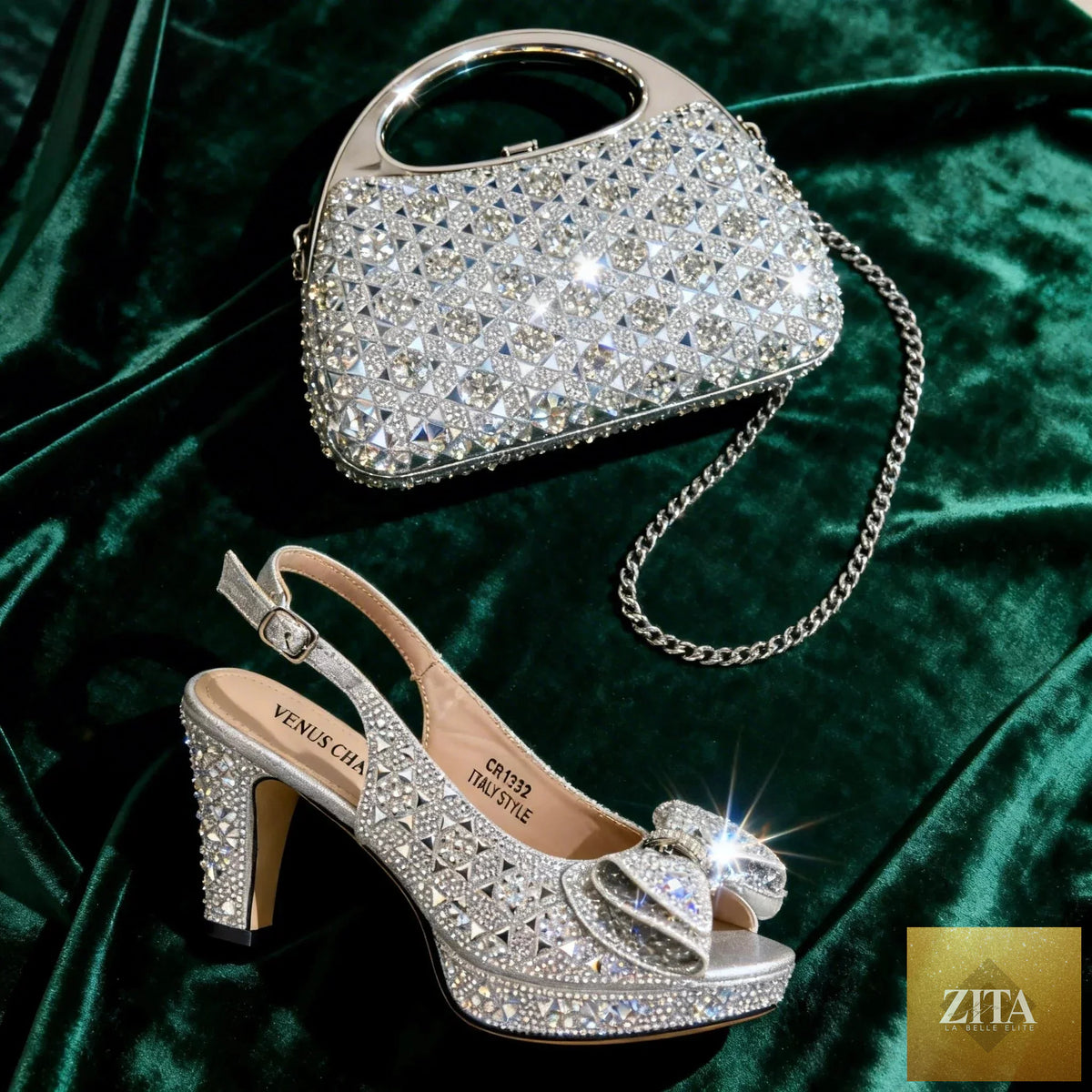 Elegant peep-toe high heels and matching bag set by EdleessFashion, featuring luxurious design and stylish accessories.